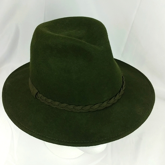 Women's Green Wool Wide Brim Fedora Hat - Picture 2 of 4